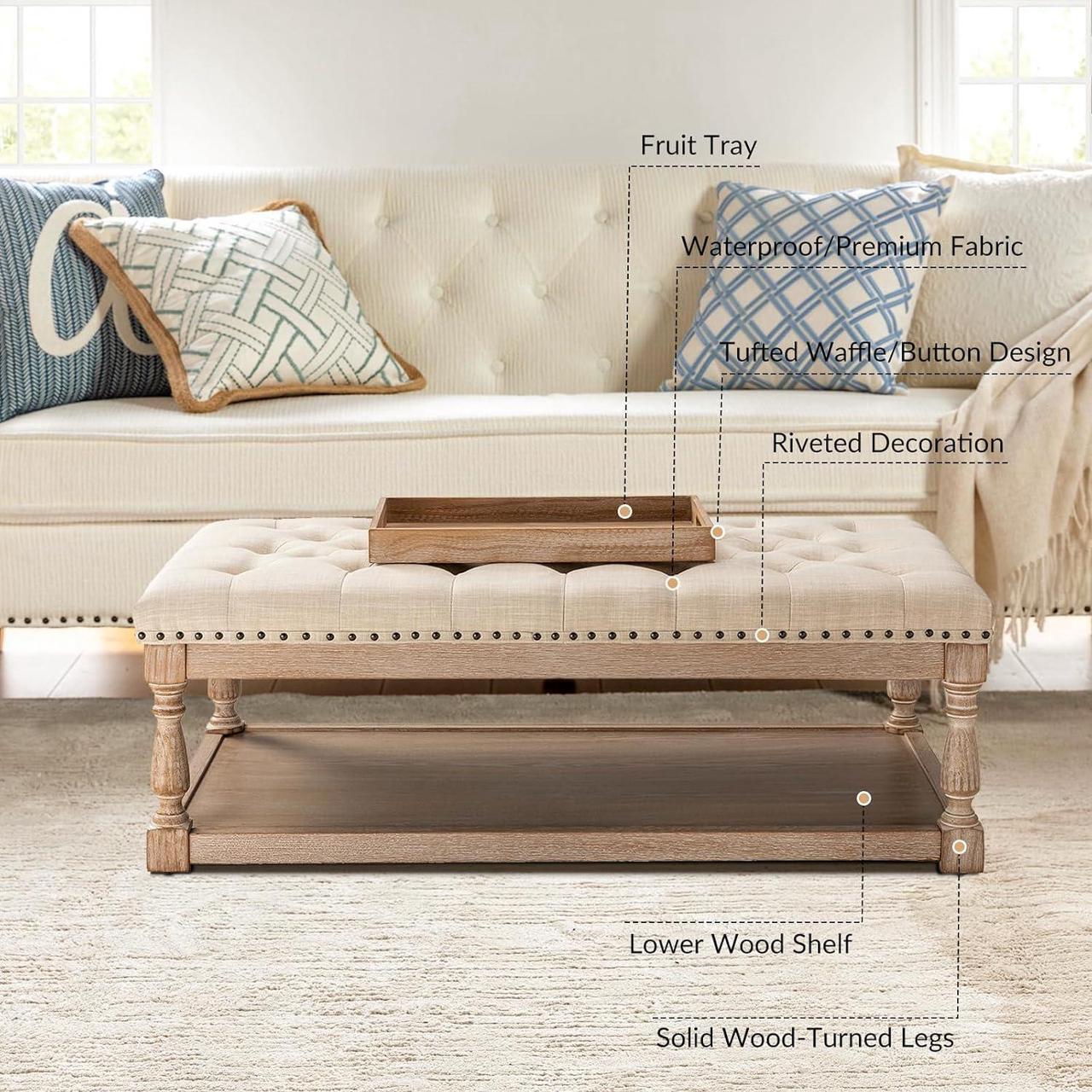 Alt view image 6 of 7 - HULALA HOME Rectangle Ottoman Coffee Table with Tray, Tufted Living Room Ottoman with Solid Wood Storage Shelf, Upholstered Large Footrest Ottoman - Linen