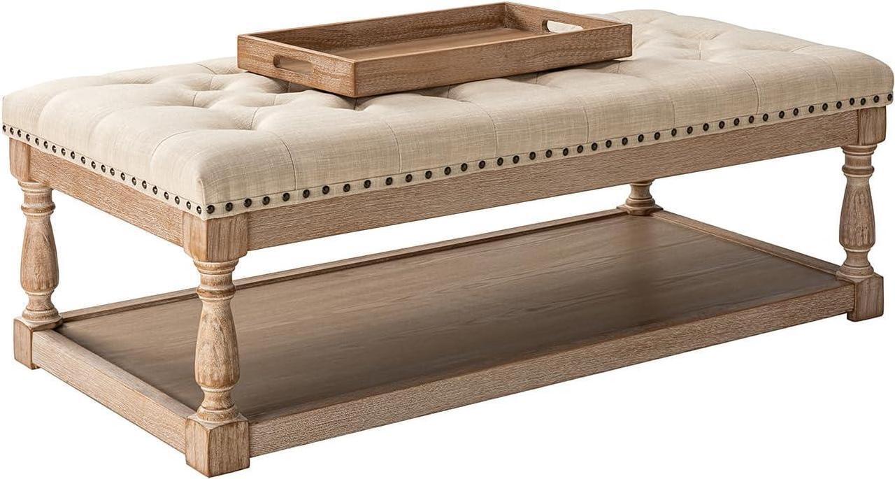Alt view image 7 of 7 - HULALA HOME Rectangle Ottoman Coffee Table with Tray, Tufted Living Room Ottoman with Solid Wood Storage Shelf, Upholstered Large Footrest Ottoman - Linen