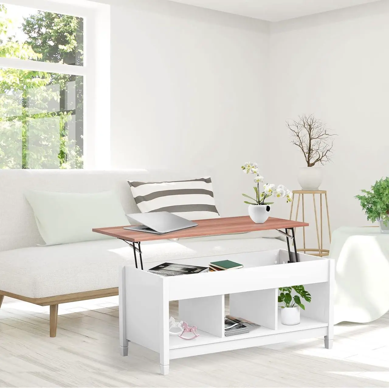 Alt view image 2 of 7 - COSTWAY Lift Top Coffee Table, with Hidden Storage Compartment & 3 Open Shelves, Rectangular Cocktail Tea Table with Solid Wood Legs for Living Room Reception Room (White)