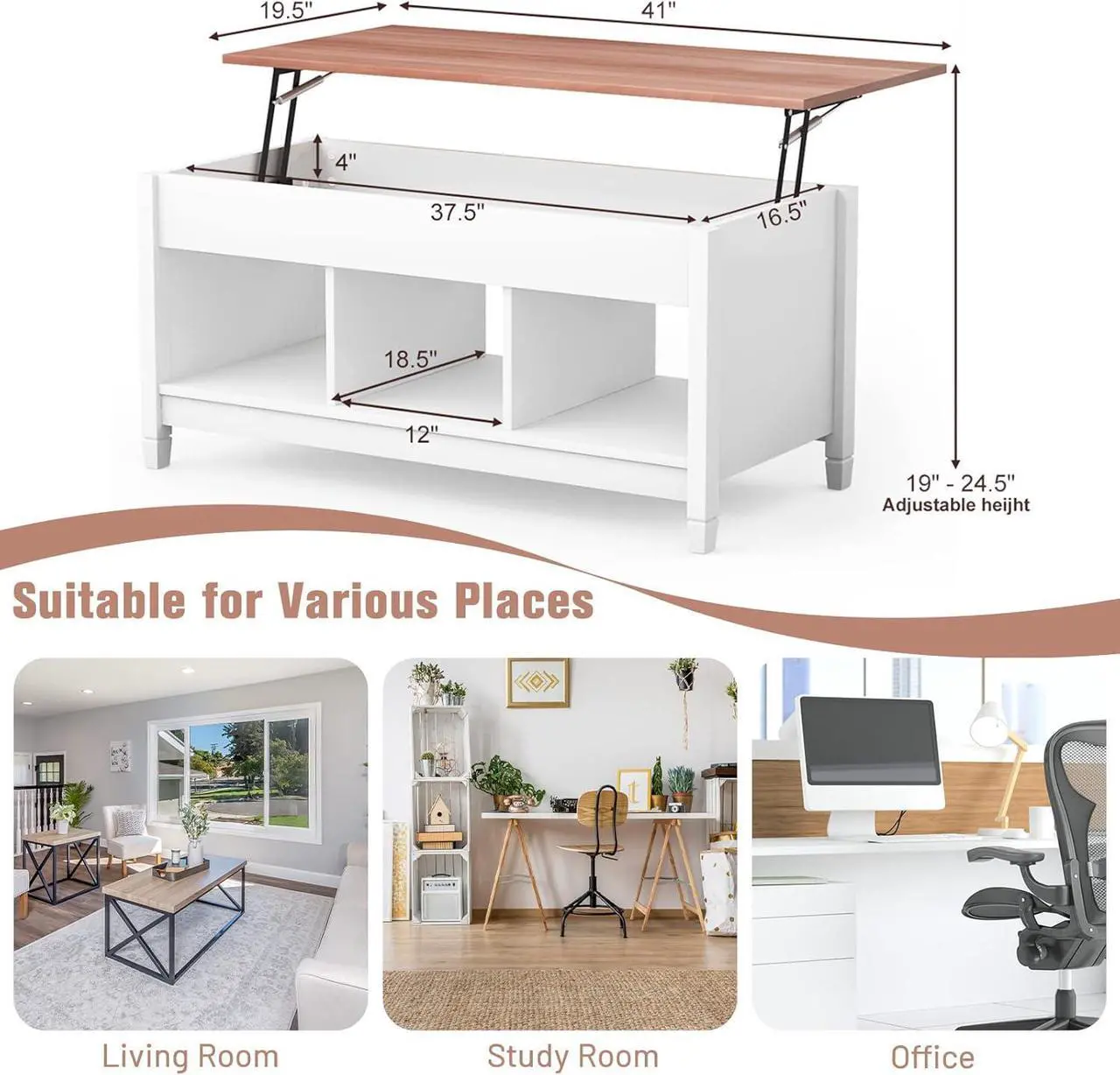 Alt view image 3 of 7 - COSTWAY Lift Top Coffee Table, with Hidden Storage Compartment & 3 Open Shelves, Rectangular Cocktail Tea Table with Solid Wood Legs for Living Room Reception Room (White)
