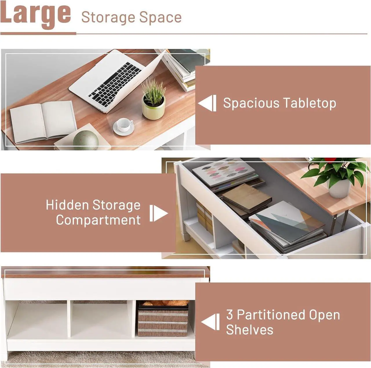 Alt view image 5 of 7 - COSTWAY Lift Top Coffee Table, with Hidden Storage Compartment & 3 Open Shelves, Rectangular Cocktail Tea Table with Solid Wood Legs for Living Room Reception Room (White)