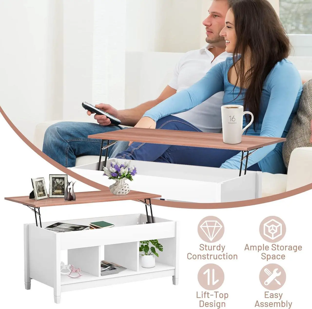 Alt view image 6 of 7 - COSTWAY Lift Top Coffee Table, with Hidden Storage Compartment & 3 Open Shelves, Rectangular Cocktail Tea Table with Solid Wood Legs for Living Room Reception Room (White)
