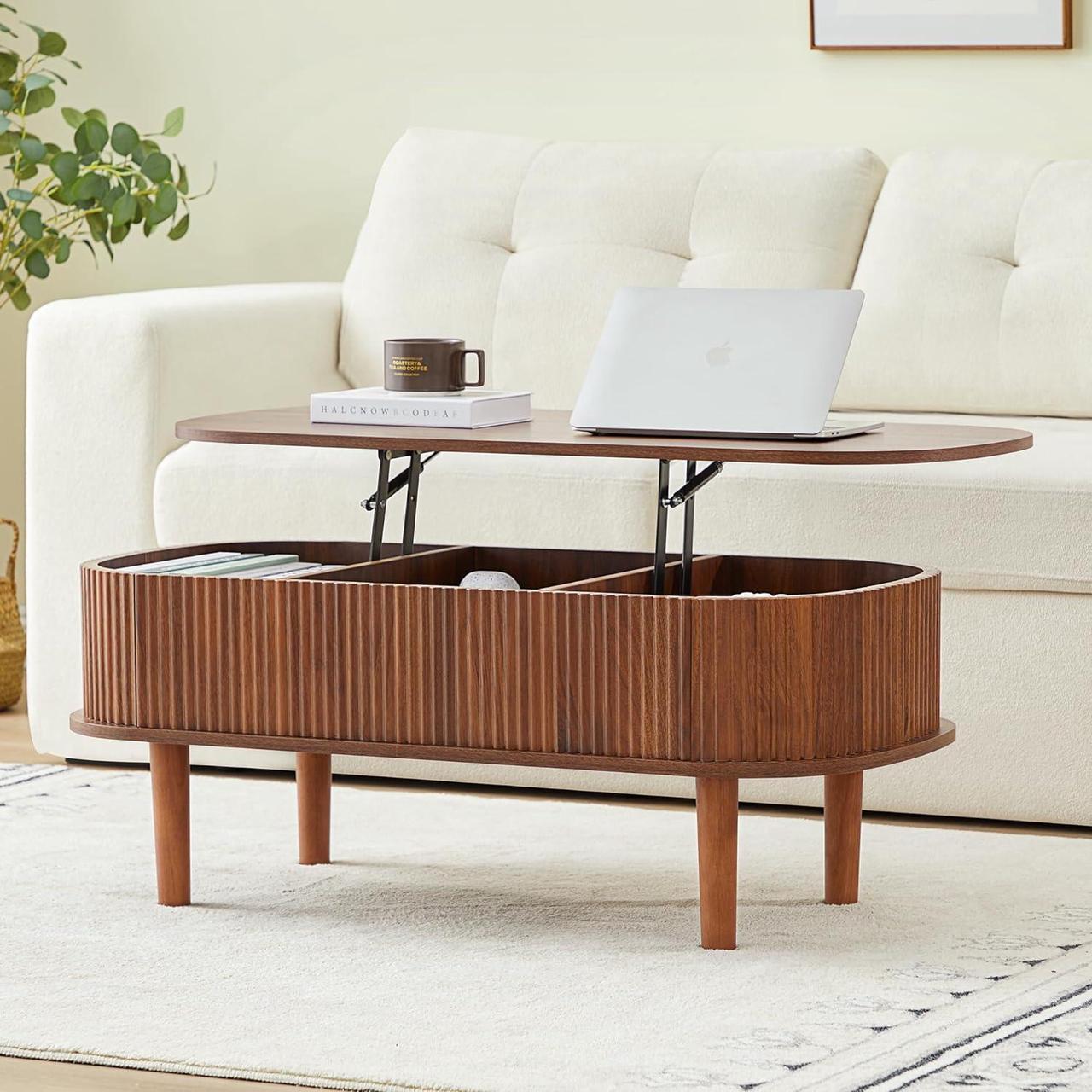Main image of Fluted Lift Top Coffee Table with Hidden Compartment, Fully Assembled Wooden Center Table, Modern Oval Lift Tabletop for Home Living Room Office, Walnut