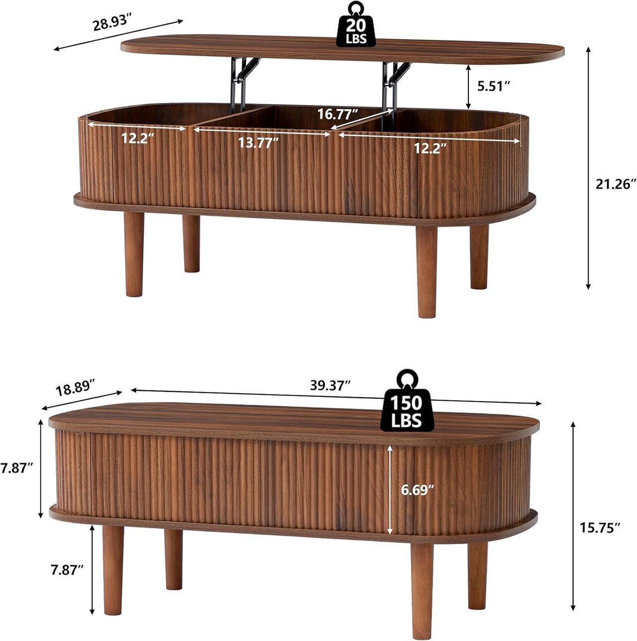 Alt view image 2 of 7 - Fluted Lift Top Coffee Table with Hidden Compartment, Fully Assembled Wooden Center Table, Modern Oval Lift Tabletop for Home Living Room Office, Walnut