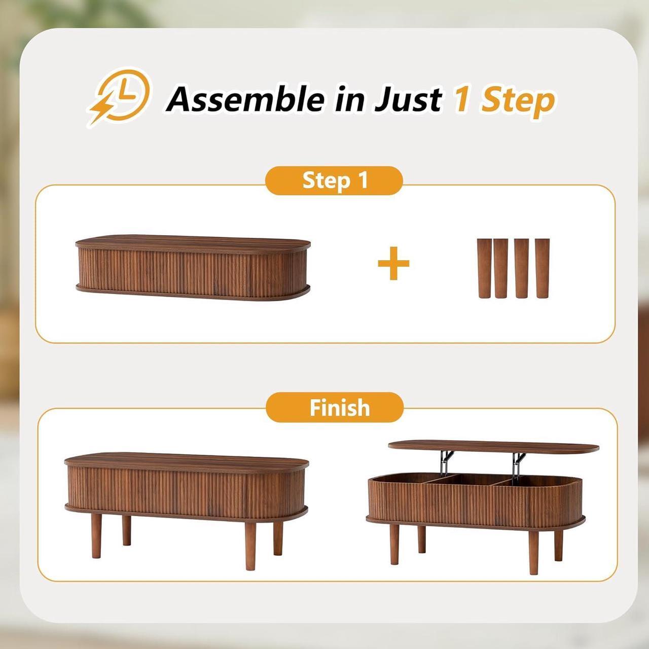 Alt view image 3 of 7 - Fluted Lift Top Coffee Table with Hidden Compartment, Fully Assembled Wooden Center Table, Modern Oval Lift Tabletop for Home Living Room Office, Walnut