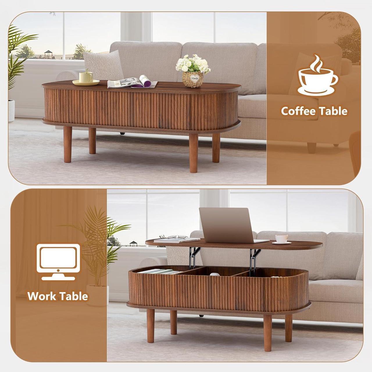 Alt view image 4 of 7 - Fluted Lift Top Coffee Table with Hidden Compartment, Fully Assembled Wooden Center Table, Modern Oval Lift Tabletop for Home Living Room Office, Walnut