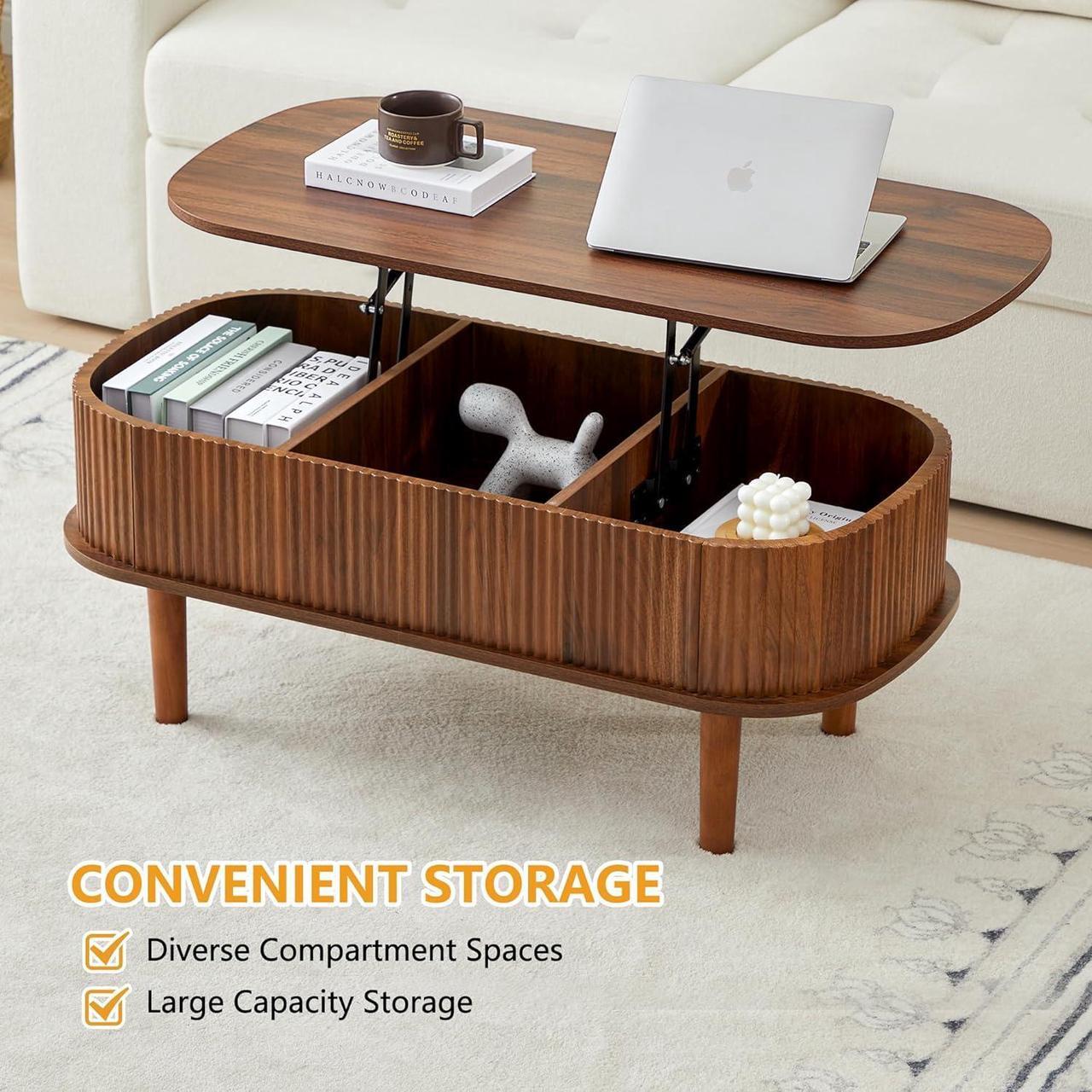 Alt view image 5 of 7 - Fluted Lift Top Coffee Table with Hidden Compartment, Fully Assembled Wooden Center Table, Modern Oval Lift Tabletop for Home Living Room Office, Walnut