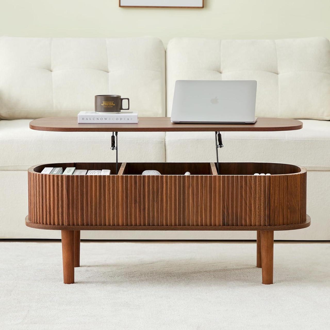Alt view image 7 of 7 - Fluted Lift Top Coffee Table with Hidden Compartment, Fully Assembled Wooden Center Table, Modern Oval Lift Tabletop for Home Living Room Office, Walnut