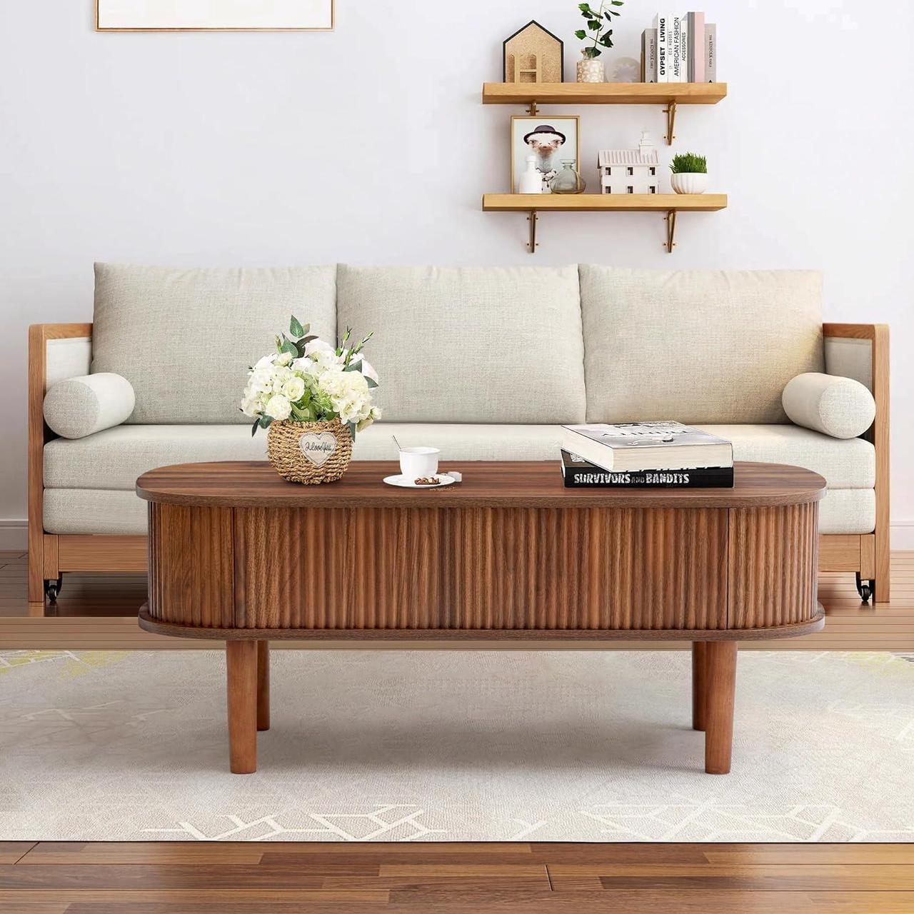Alt view image 6 of 7 - Fluted Lift Top Coffee Table with Hidden Compartment, Fully Assembled Wooden Center Table, Modern Oval Lift Tabletop for Home Living Room Office, Walnut