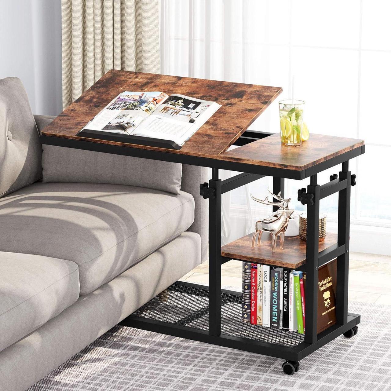 Main image of Tribesigns Height Adjustable C Table with Wheels, Mobile Couch Snack Side Table with Tiltable Drawing Board, Sofa Bedside Laptop Stand C Shaped TV Tray with Storage Shelves (Brown)