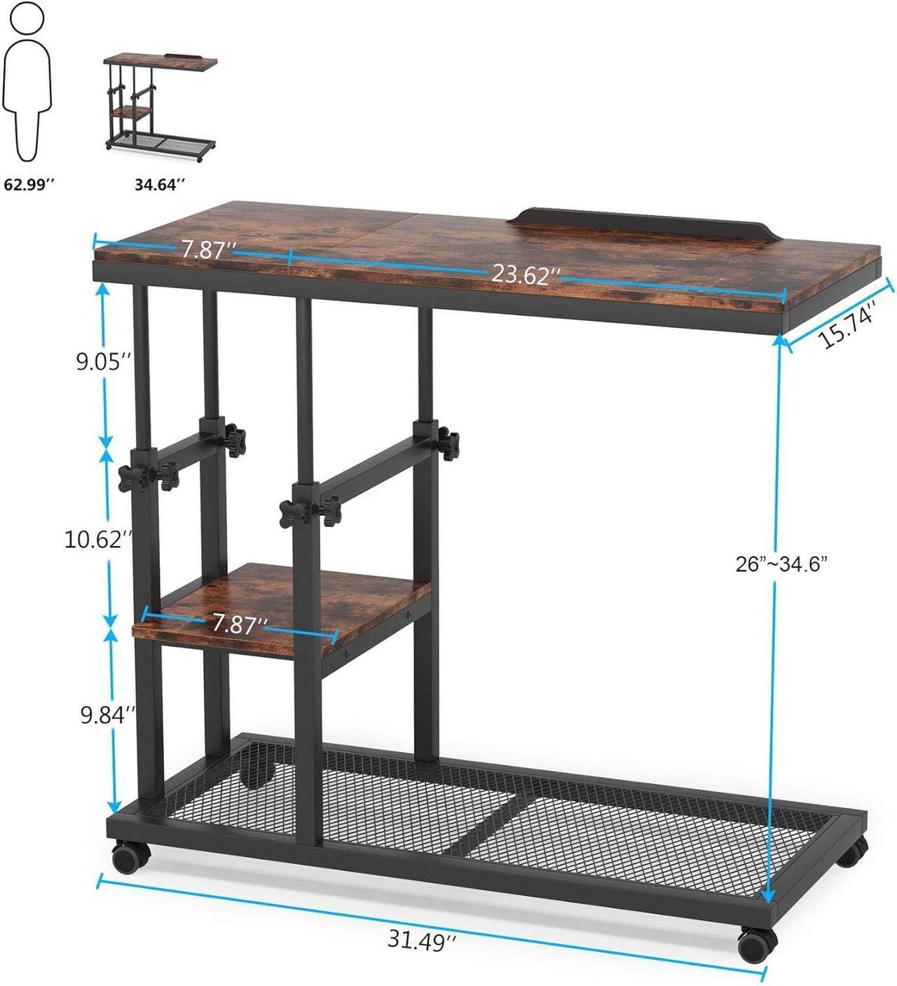 Alt view image 2 of 7 - Tribesigns Height Adjustable C Table with Wheels, Mobile Couch Snack Side Table with Tiltable Drawing Board, Sofa Bedside Laptop Stand C Shaped TV Tray with Storage Shelves (Brown)