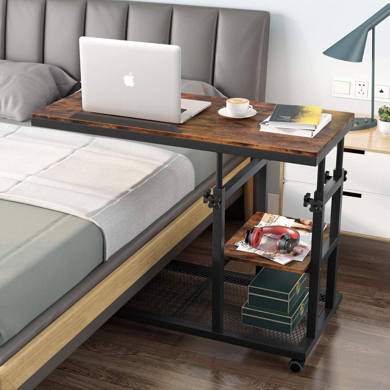 Alt view image 3 of 7 - Tribesigns Height Adjustable C Table with Wheels, Mobile Couch Snack Side Table with Tiltable Drawing Board, Sofa Bedside Laptop Stand C Shaped TV Tray with Storage Shelves (Brown)