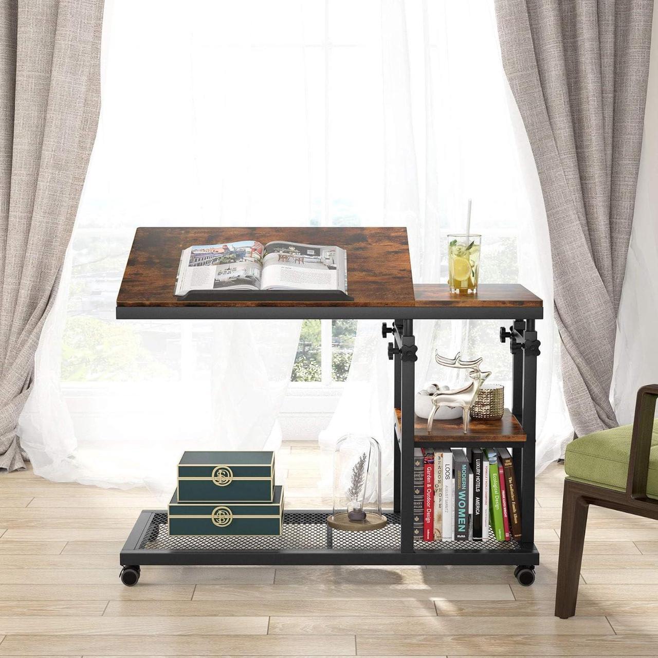 Alt view image 4 of 7 - Tribesigns Height Adjustable C Table with Wheels, Mobile Couch Snack Side Table with Tiltable Drawing Board, Sofa Bedside Laptop Stand C Shaped TV Tray with Storage Shelves (Brown)