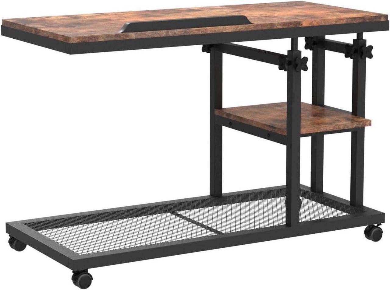 Alt view image 5 of 7 - Tribesigns Height Adjustable C Table with Wheels, Mobile Couch Snack Side Table with Tiltable Drawing Board, Sofa Bedside Laptop Stand C Shaped TV Tray with Storage Shelves (Brown)