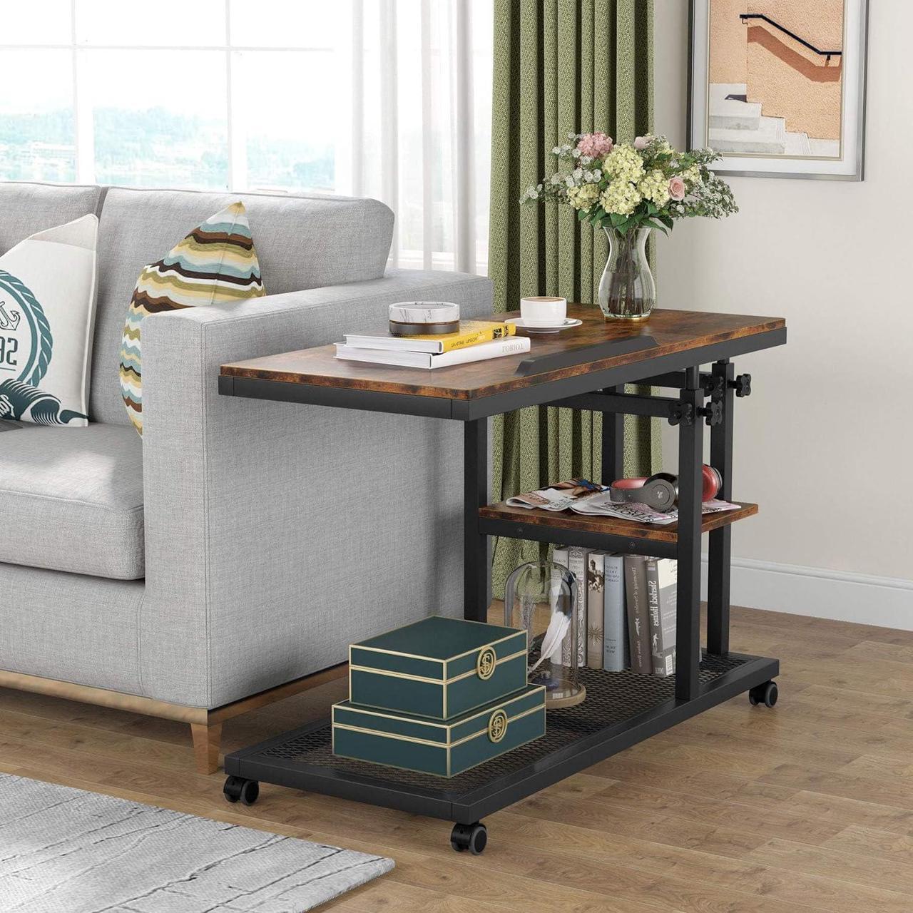 Alt view image 6 of 7 - Tribesigns Height Adjustable C Table with Wheels, Mobile Couch Snack Side Table with Tiltable Drawing Board, Sofa Bedside Laptop Stand C Shaped TV Tray with Storage Shelves (Brown)