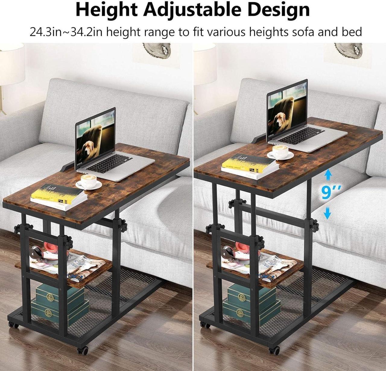 Alt view image 7 of 7 - Tribesigns Height Adjustable C Table with Wheels, Mobile Couch Snack Side Table with Tiltable Drawing Board, Sofa Bedside Laptop Stand C Shaped TV Tray with Storage Shelves (Brown)