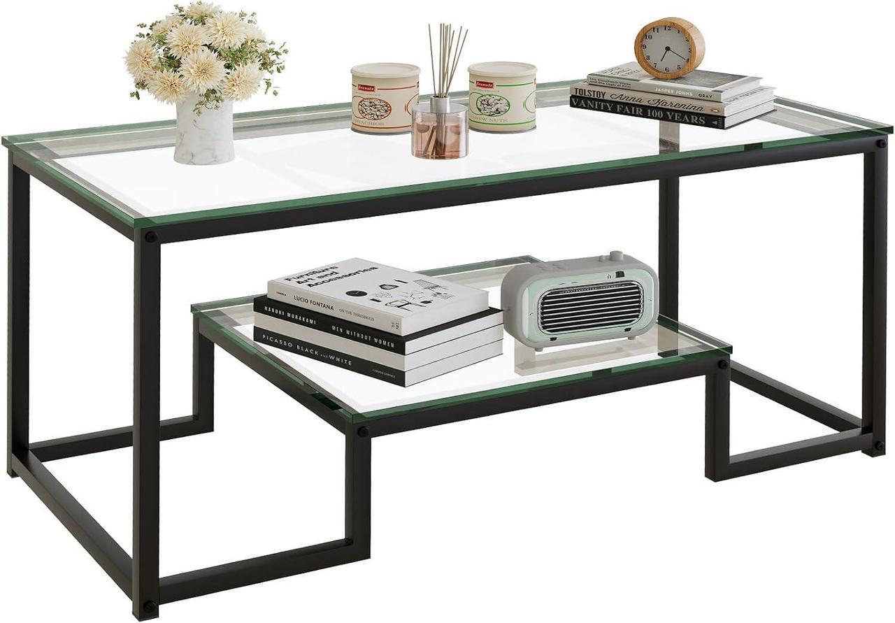 Main image of Coffee Table Black Glass Coffee Table for Living Room,2 Tiers Rectangle Center Table with Sturdy Metal Frame,Modern Tempered Glass Accent Table for Bedroom Home Office