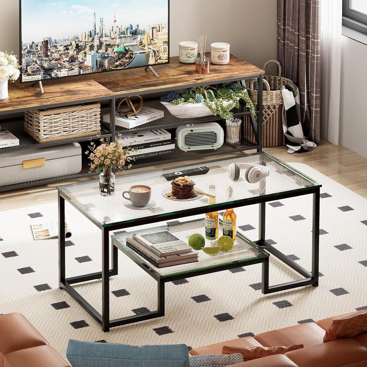 Alt view image 2 of 7 - Coffee Table Black Glass Coffee Table for Living Room,2 Tiers Rectangle Center Table with Sturdy Metal Frame,Modern Tempered Glass Accent Table for Bedroom Home Office