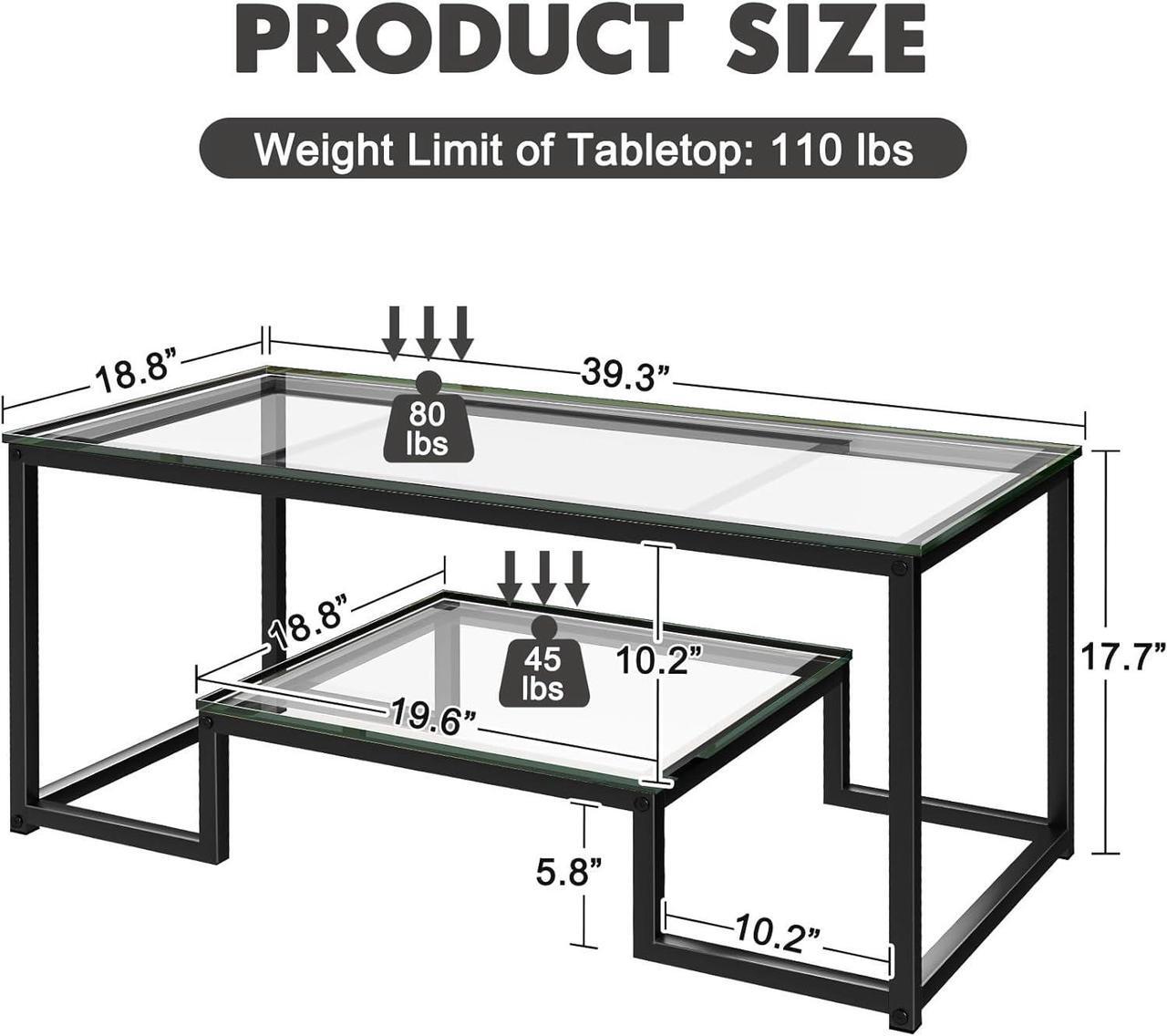 Alt view image 3 of 7 - Coffee Table Black Glass Coffee Table for Living Room,2 Tiers Rectangle Center Table with Sturdy Metal Frame,Modern Tempered Glass Accent Table for Bedroom Home Office