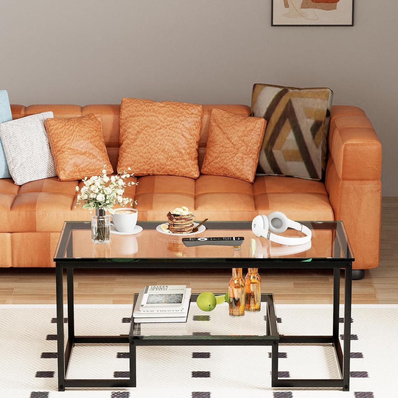 Alt view image 4 of 7 - Coffee Table Black Glass Coffee Table for Living Room,2 Tiers Rectangle Center Table with Sturdy Metal Frame,Modern Tempered Glass Accent Table for Bedroom Home Office