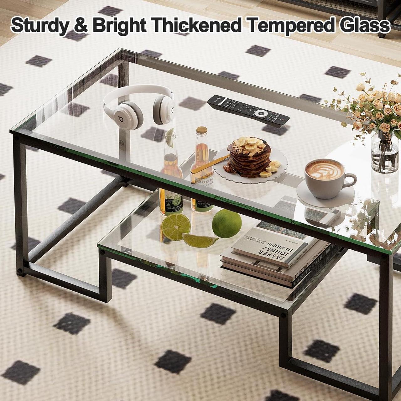 Alt view image 5 of 7 - Coffee Table Black Glass Coffee Table for Living Room,2 Tiers Rectangle Center Table with Sturdy Metal Frame,Modern Tempered Glass Accent Table for Bedroom Home Office