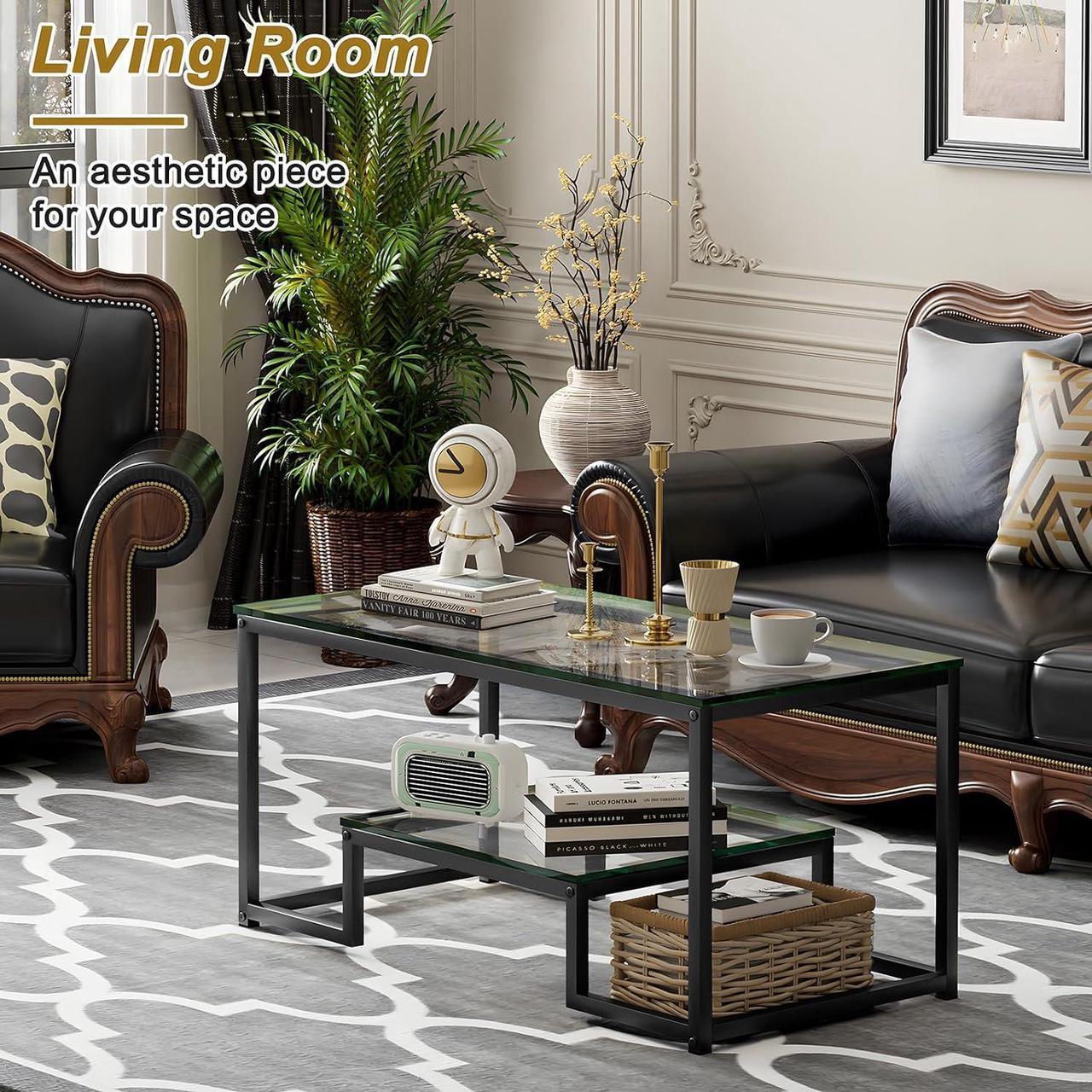 Alt view image 6 of 7 - Coffee Table Black Glass Coffee Table for Living Room,2 Tiers Rectangle Center Table with Sturdy Metal Frame,Modern Tempered Glass Accent Table for Bedroom Home Office