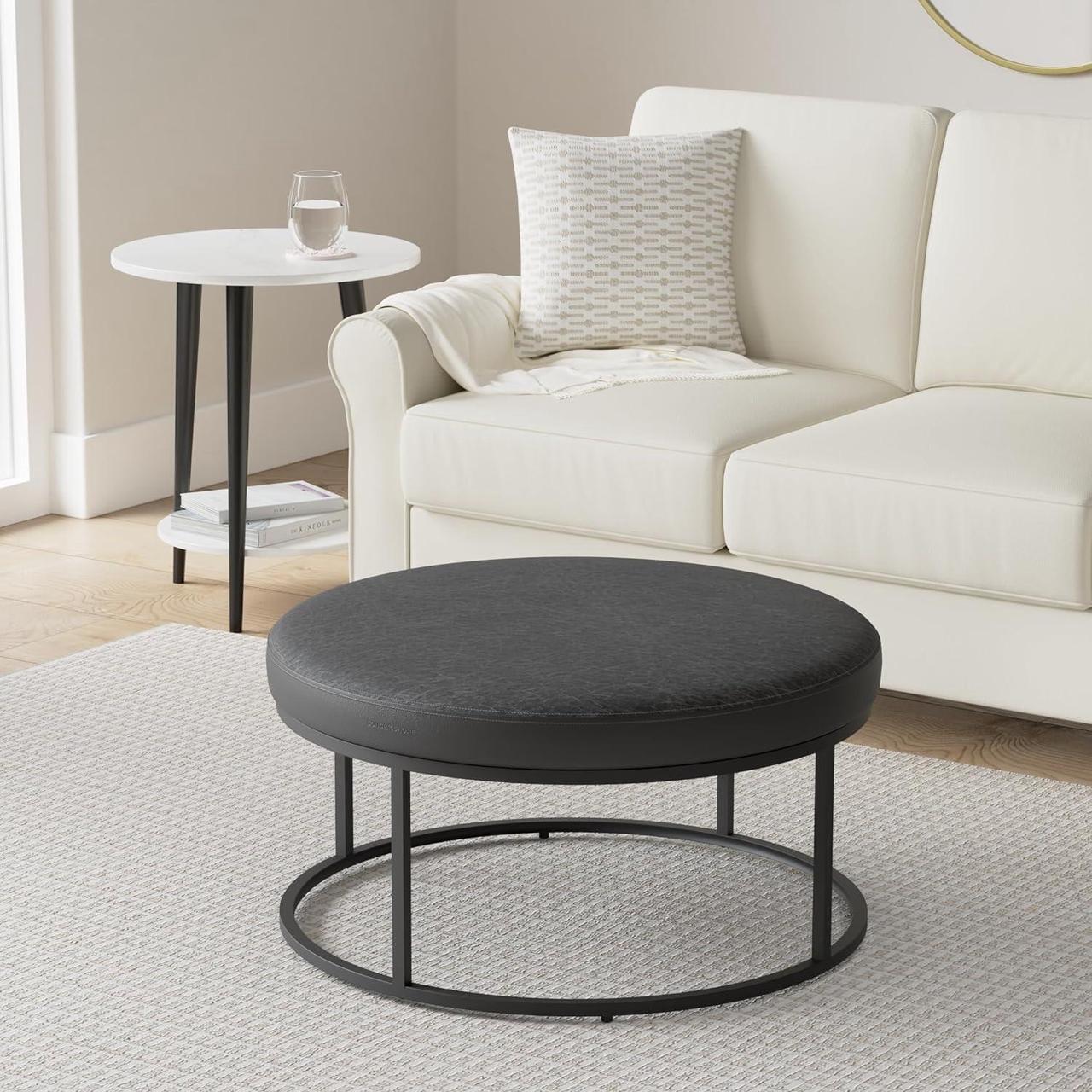 Alt view image 2 of 7 - SONGMICS HOME LUIZ Collection - Ottoman, Round Coffee Table, Footstool, Reversible Top, Padded Seat, Side Table, Minimalist, Steel Frame, Max. Load 660 lb, for Living Room, Ink Black ULOM078B01
