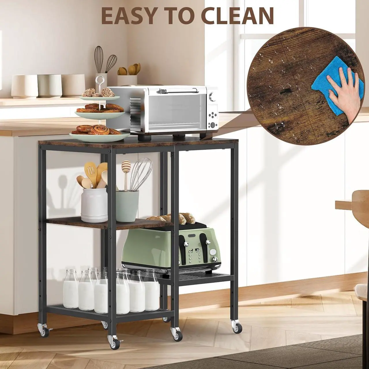 Alt view image 3 of 7 - Kitchen Microwave Cart,Microwave Stand with Wheels,Coffee Bar Table Station,4-Tier Rolling Baker's Rack,Small Appliance Storage Shelf,Utility Side Table for Kitchen,Living Room (Rustic Brown)
