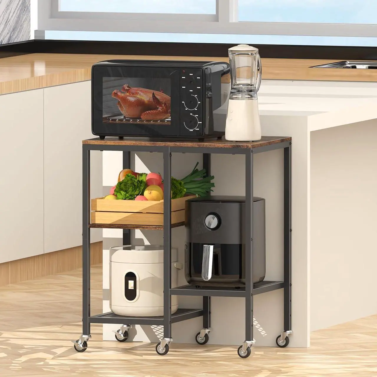 Alt view image 4 of 7 - Kitchen Microwave Cart,Microwave Stand with Wheels,Coffee Bar Table Station,4-Tier Rolling Baker's Rack,Small Appliance Storage Shelf,Utility Side Table for Kitchen,Living Room (Rustic Brown)