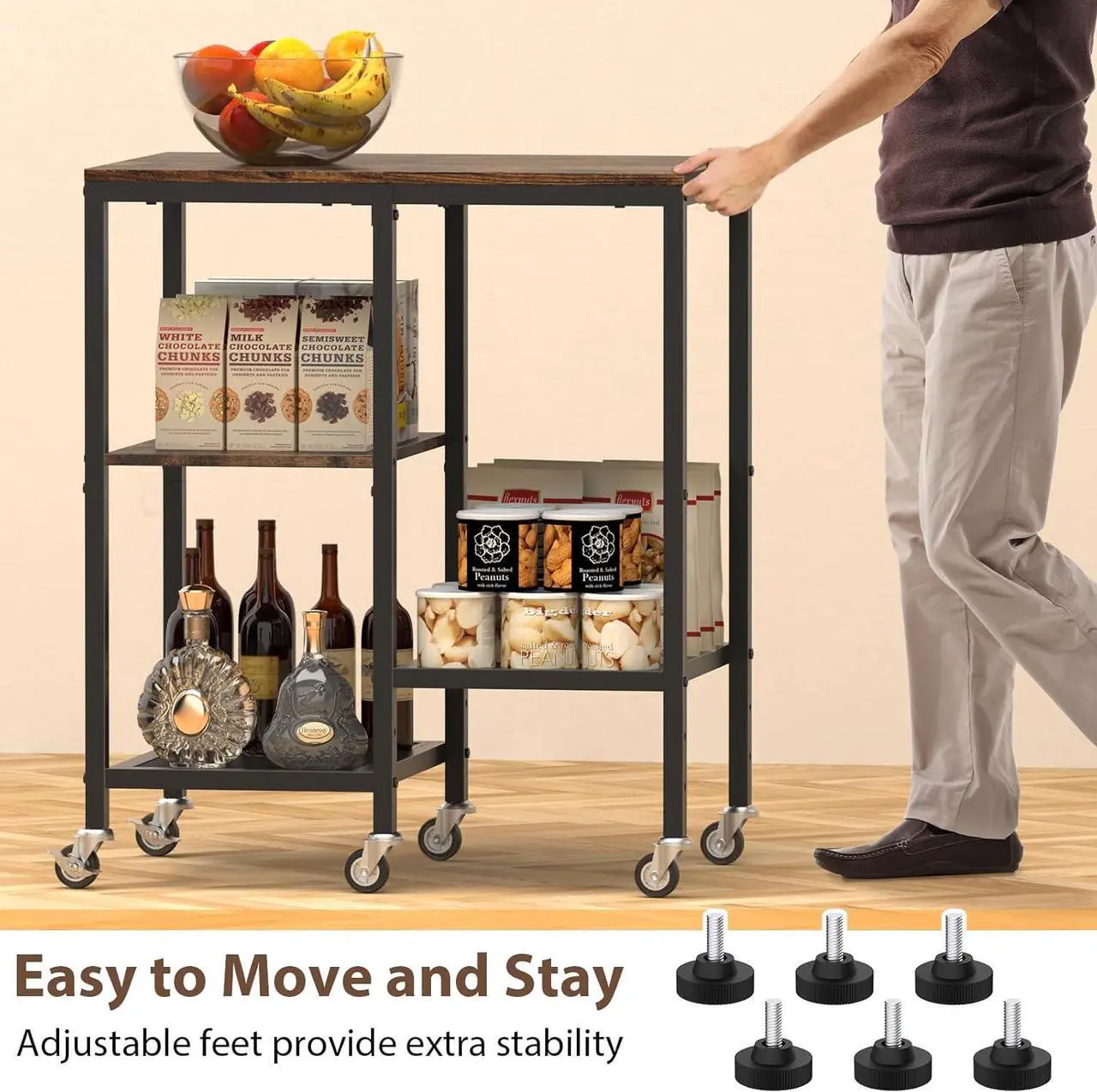 Alt view image 6 of 7 - Kitchen Microwave Cart,Microwave Stand with Wheels,Coffee Bar Table Station,4-Tier Rolling Baker's Rack,Small Appliance Storage Shelf,Utility Side Table for Kitchen,Living Room (Rustic Brown)