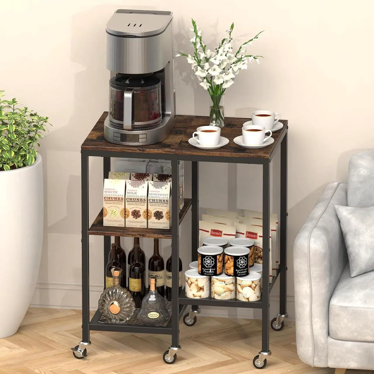Alt view image 7 of 7 - Kitchen Microwave Cart,Microwave Stand with Wheels,Coffee Bar Table Station,4-Tier Rolling Baker's Rack,Small Appliance Storage Shelf,Utility Side Table for Kitchen,Living Room (Rustic Brown)