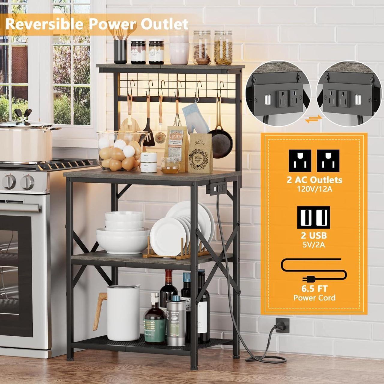 Alt view image 4 of 7 - Furologee Bakers Rack with Power Outlet and LED Light, Small Coffee Bar Station with 4 Tier Shelves, Microwave Stand Table with 6 S Hooks, Kitchen Storage Rack for Spices, Pots, Black Oak