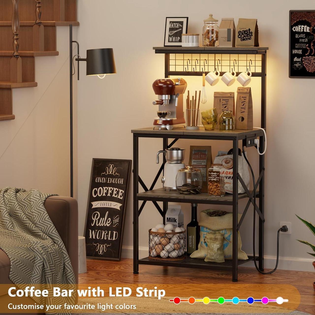 Alt view image 2 of 7 - Furologee Bakers Rack with Power Outlet and LED Light, Small Coffee Bar Station with 4 Tier Shelves, Microwave Stand Table with 6 S Hooks, Kitchen Storage Rack for Spices, Pots, Black Oak