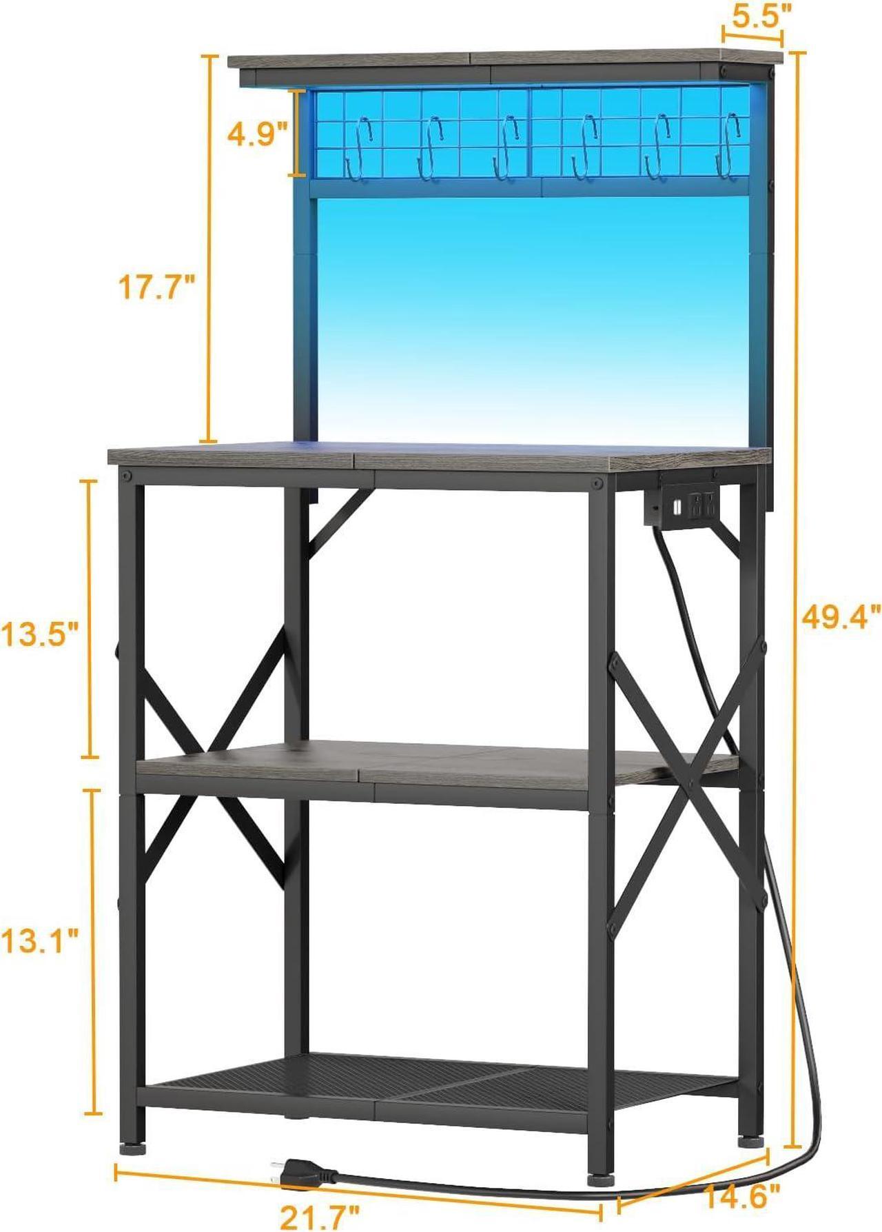 Alt view image 3 of 7 - Furologee Bakers Rack with Power Outlet and LED Light, Small Coffee Bar Station with 4 Tier Shelves, Microwave Stand Table with 6 S Hooks, Kitchen Storage Rack for Spices, Pots, Black Oak