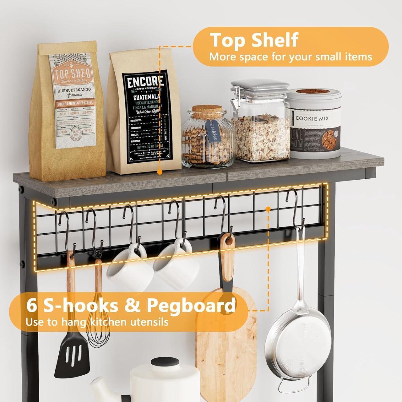 Alt view image 5 of 7 - Furologee Bakers Rack with Power Outlet and LED Light, Small Coffee Bar Station with 4 Tier Shelves, Microwave Stand Table with 6 S Hooks, Kitchen Storage Rack for Spices, Pots, Black Oak