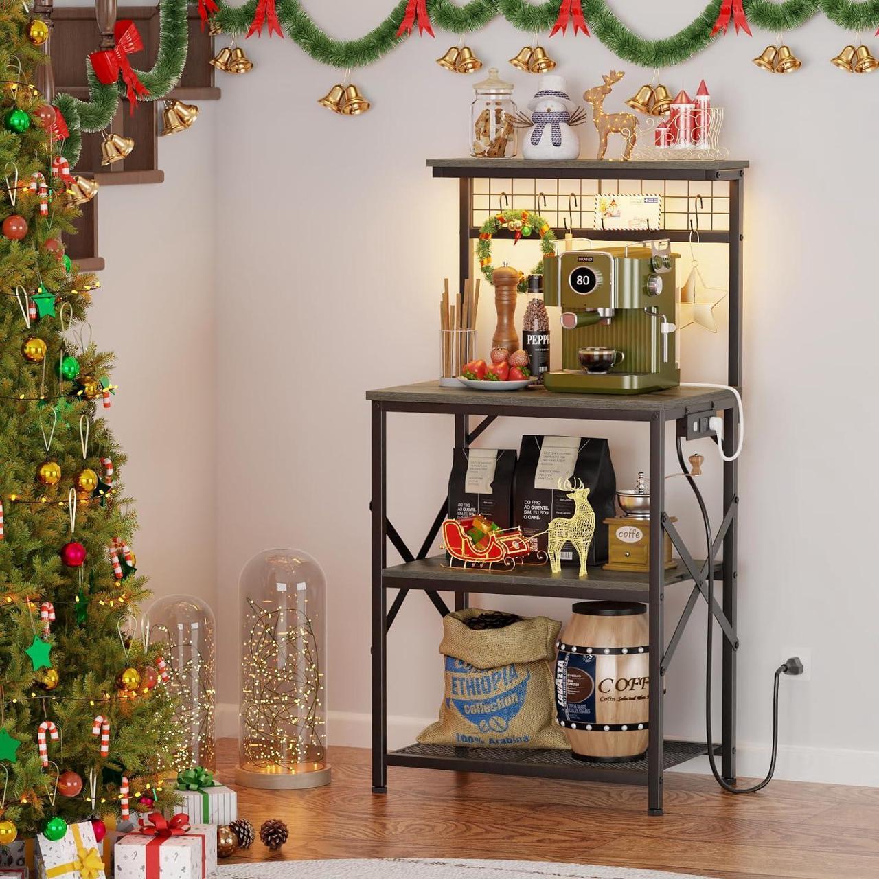 Alt view image 6 of 7 - Furologee Bakers Rack with Power Outlet and LED Light, Small Coffee Bar Station with 4 Tier Shelves, Microwave Stand Table with 6 S Hooks, Kitchen Storage Rack for Spices, Pots, Black Oak