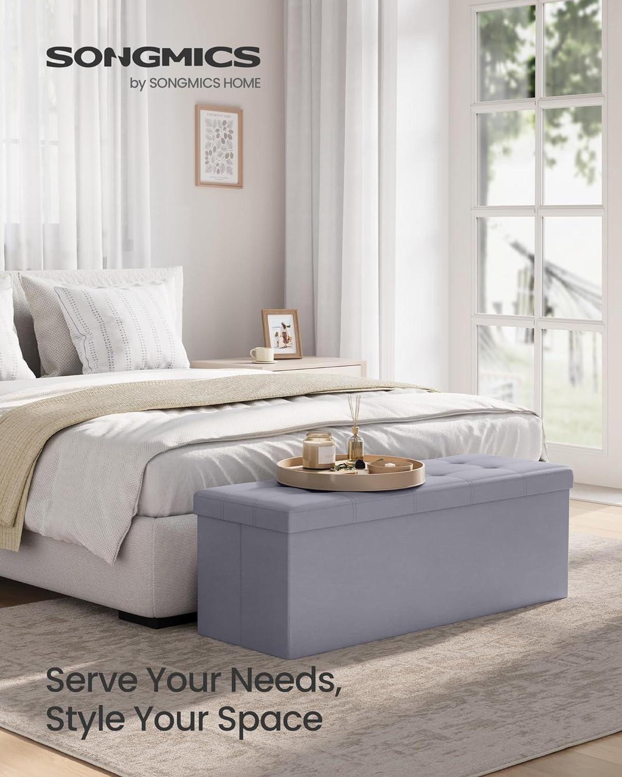 Alt view image 3 of 6 - SONGMICS 43 Inches Folding Storage Ottoman Bench, Storage Chest, Footrest, Coffee Table, Padded Seat, Faux Leather, Holds up to 660 lb, Light Gray ULSF70GY, L(15 x 43 x 15 Inches)