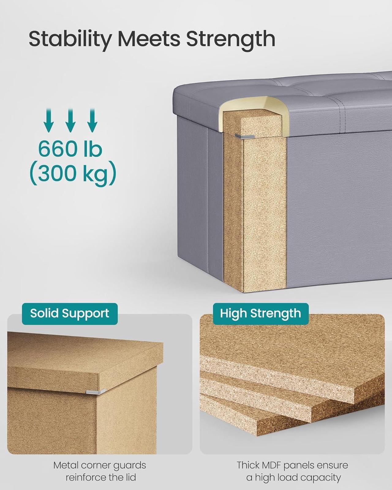Alt view image 4 of 6 - SONGMICS 43 Inches Folding Storage Ottoman Bench, Storage Chest, Footrest, Coffee Table, Padded Seat, Faux Leather, Holds up to 660 lb, Light Gray ULSF70GY, L(15 x 43 x 15 Inches)