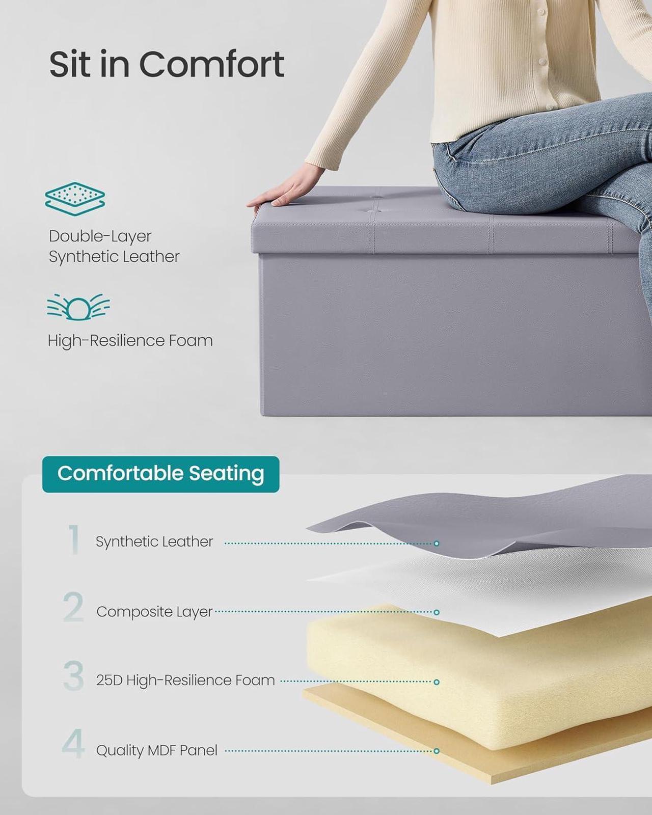 Alt view image 5 of 6 - SONGMICS 43 Inches Folding Storage Ottoman Bench, Storage Chest, Footrest, Coffee Table, Padded Seat, Faux Leather, Holds up to 660 lb, Light Gray ULSF70GY, L(15 x 43 x 15 Inches)