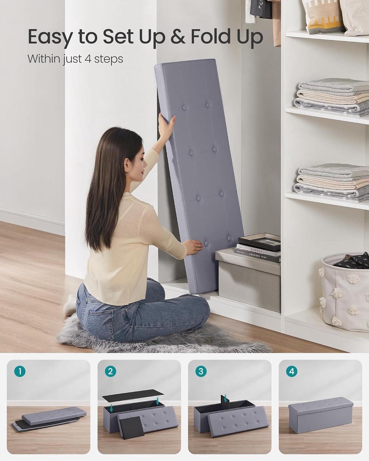 Alt view image 6 of 6 - SONGMICS 43 Inches Folding Storage Ottoman Bench, Storage Chest, Footrest, Coffee Table, Padded Seat, Faux Leather, Holds up to 660 lb, Light Gray ULSF70GY, L(15 x 43 x 15 Inches)