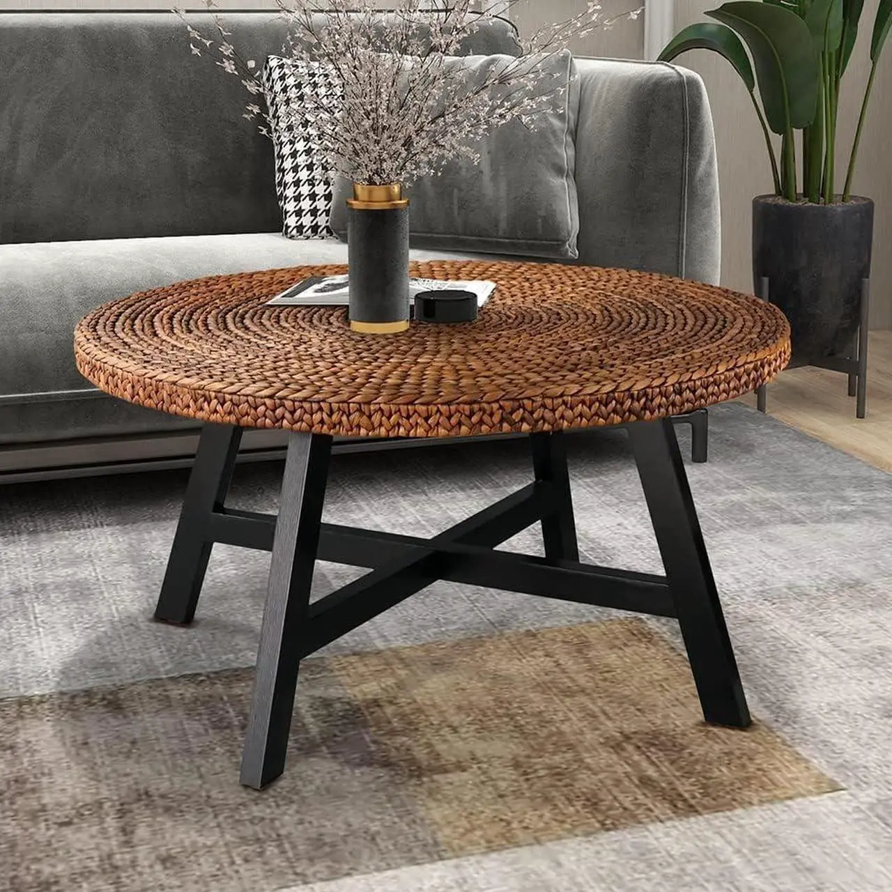 Main image of RANDEFURN Round Coffee Table, Seagrass Coffee Solid Pine Wood X Base Frame Cocktail Table, Easy Assembled, Multiple Sizes for Living Room, 32 x 17 Inches,Gold
