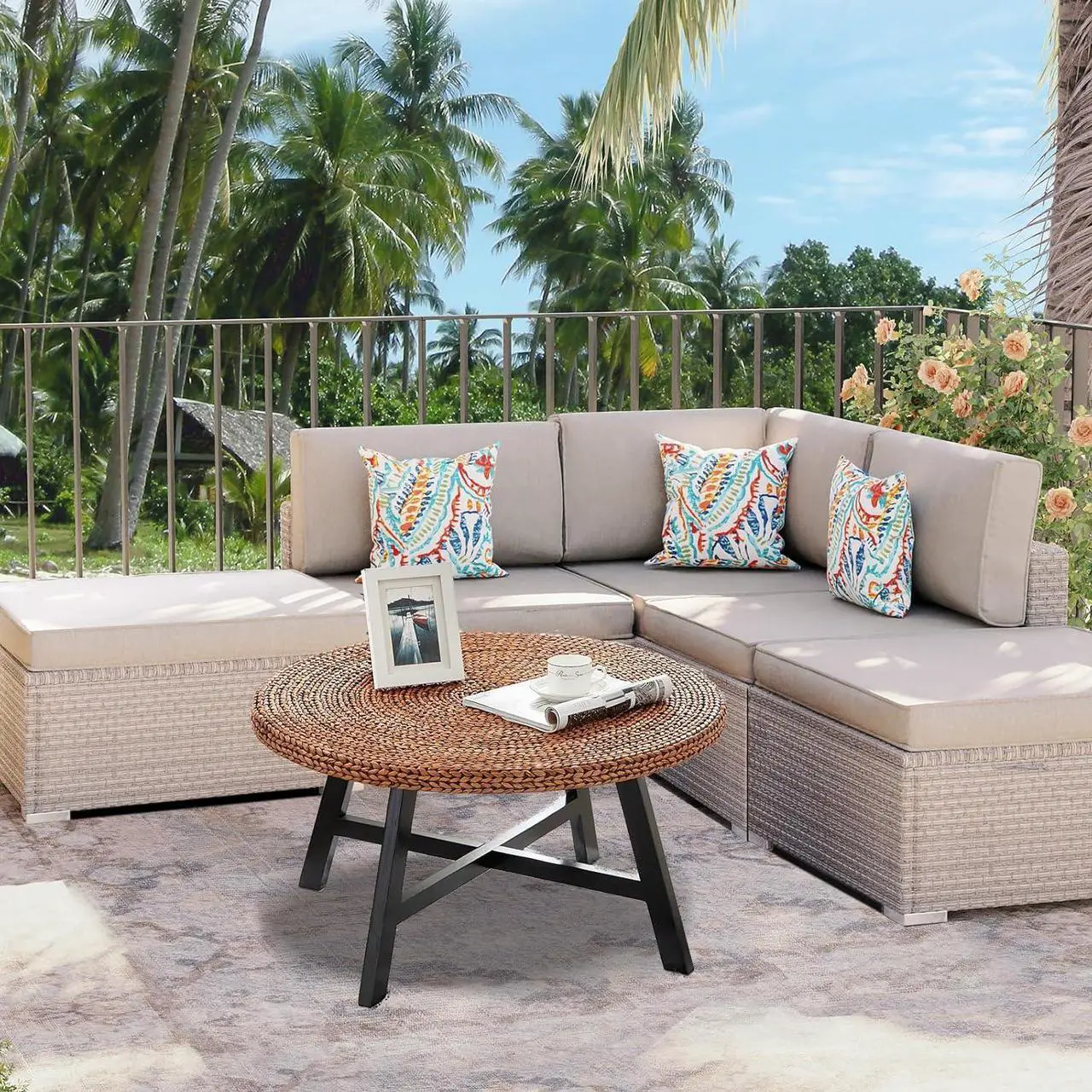 Alt view image 2 of 7 - RANDEFURN Round Coffee Table, Seagrass Coffee Solid Pine Wood X Base Frame Cocktail Table, Easy Assembled, Multiple Sizes for Living Room, 32 x 17 Inches,Gold