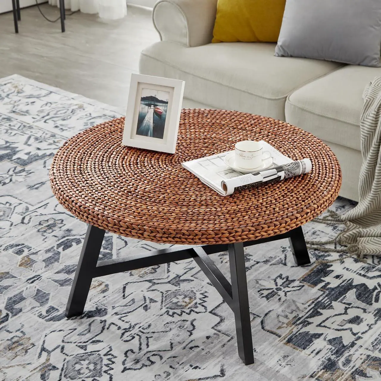Alt view image 4 of 7 - RANDEFURN Round Coffee Table, Seagrass Coffee Solid Pine Wood X Base Frame Cocktail Table, Easy Assembled, Multiple Sizes for Living Room, 32 x 17 Inches,Gold