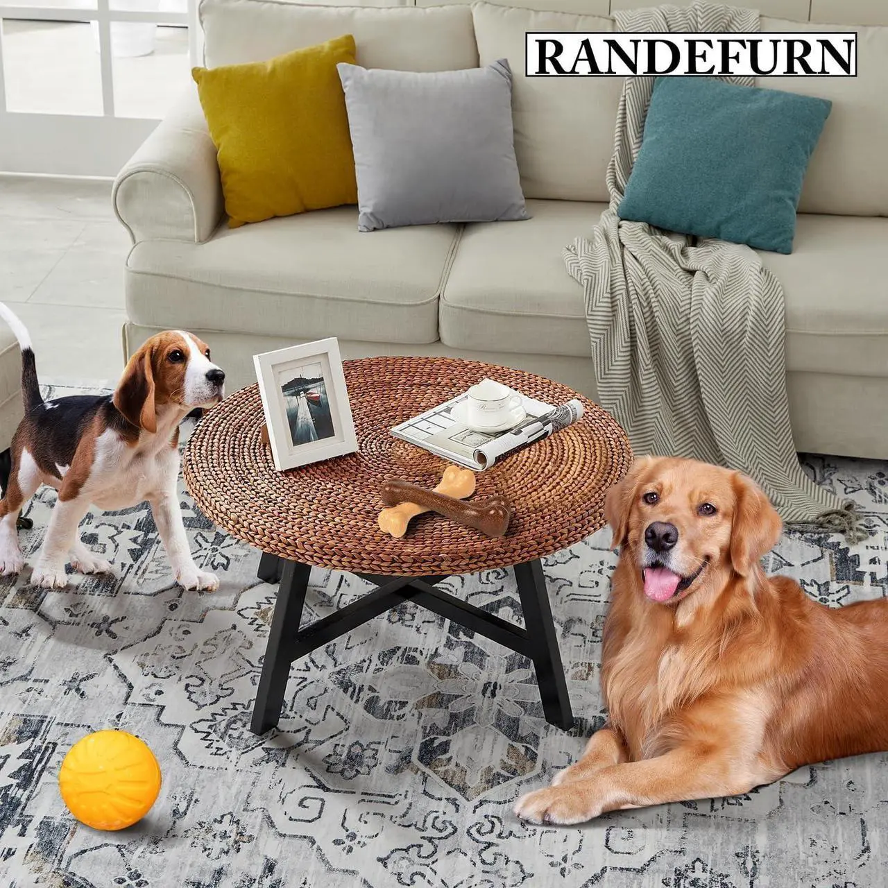 Alt view image 5 of 7 - RANDEFURN Round Coffee Table, Seagrass Coffee Solid Pine Wood X Base Frame Cocktail Table, Easy Assembled, Multiple Sizes for Living Room, 32 x 17 Inches,Gold