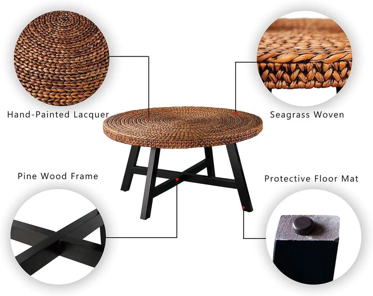 Alt view image 7 of 7 - RANDEFURN Round Coffee Table, Seagrass Coffee Solid Pine Wood X Base Frame Cocktail Table, Easy Assembled, Multiple Sizes for Living Room, 32 x 17 Inches,Gold