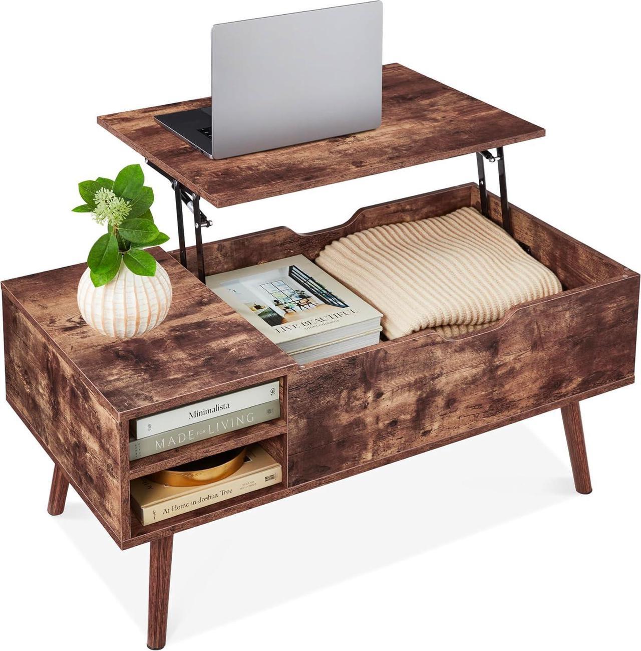 Main image of Best Choice Products Lift Top Coffee Table, Wooden Mid-Century Modern Multifunctional Accent Table for Living Room w/Hidden Storage, 2 Cubbies, Removable Shelf - Brown