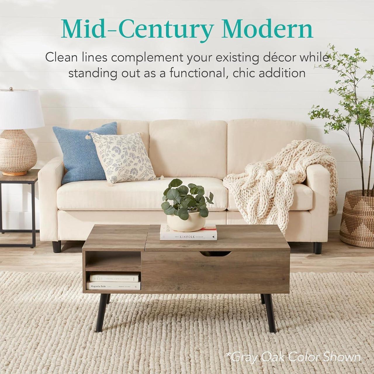 Alt view image 3 of 7 - Best Choice Products Lift Top Coffee Table, Wooden Mid-Century Modern Multifunctional Accent Table for Living Room w/Hidden Storage, 2 Cubbies, Removable Shelf - Brown