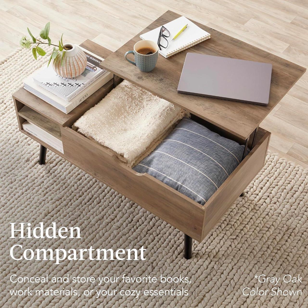 Alt view image 5 of 7 - Best Choice Products Lift Top Coffee Table, Wooden Mid-Century Modern Multifunctional Accent Table for Living Room w/Hidden Storage, 2 Cubbies, Removable Shelf - Brown