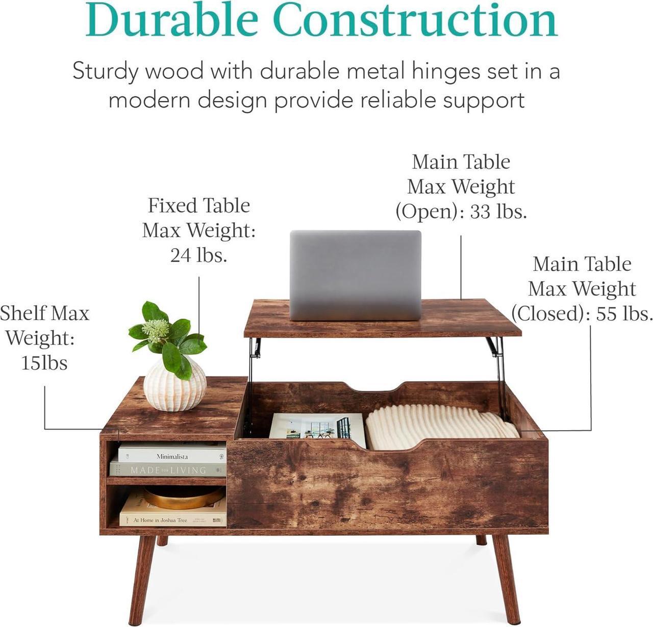 Alt view image 7 of 7 - Best Choice Products Lift Top Coffee Table, Wooden Mid-Century Modern Multifunctional Accent Table for Living Room w/Hidden Storage, 2 Cubbies, Removable Shelf - Brown