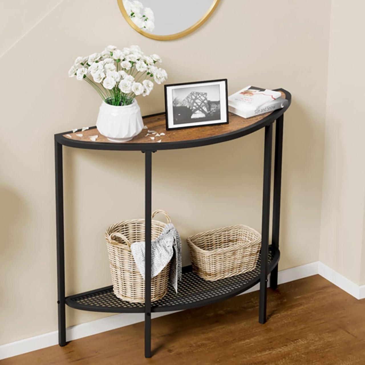 Alt view image 2 of 7 - SAYGOER Console Table 2 Tier Narrow Entryway Table with Storage Half Moon Sofa Couch Table Mid Century Modern Small Entry Way Tables, Easy Assembly, Dark Walnut Top